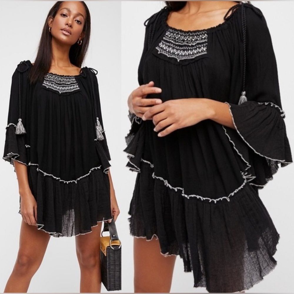 Free People Black Santiago Embroidered Floral Cotton Mini Dress Size S
